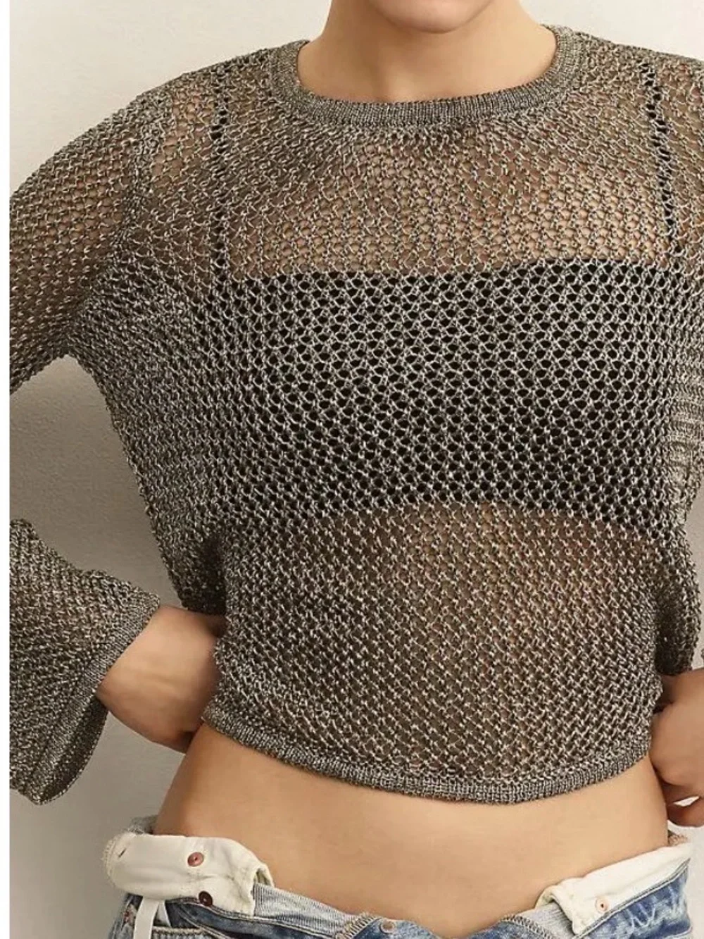 Anthropologie Metallic Open-Knit Long Sleeve Top - Bronze